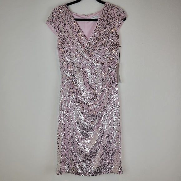 NWT Calvin Klein Sequined V-Neck Cap Sleeve Dress Cherry Blossom Silver - Picture 4 of 12